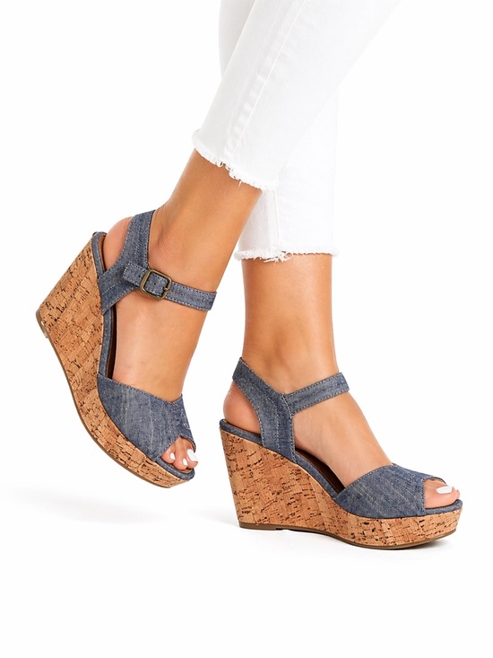 Toms Shoes - Tom’s Size 8 Women’s Blue Denim‎ Cork Wedge Strappy Peep Toe Sandals